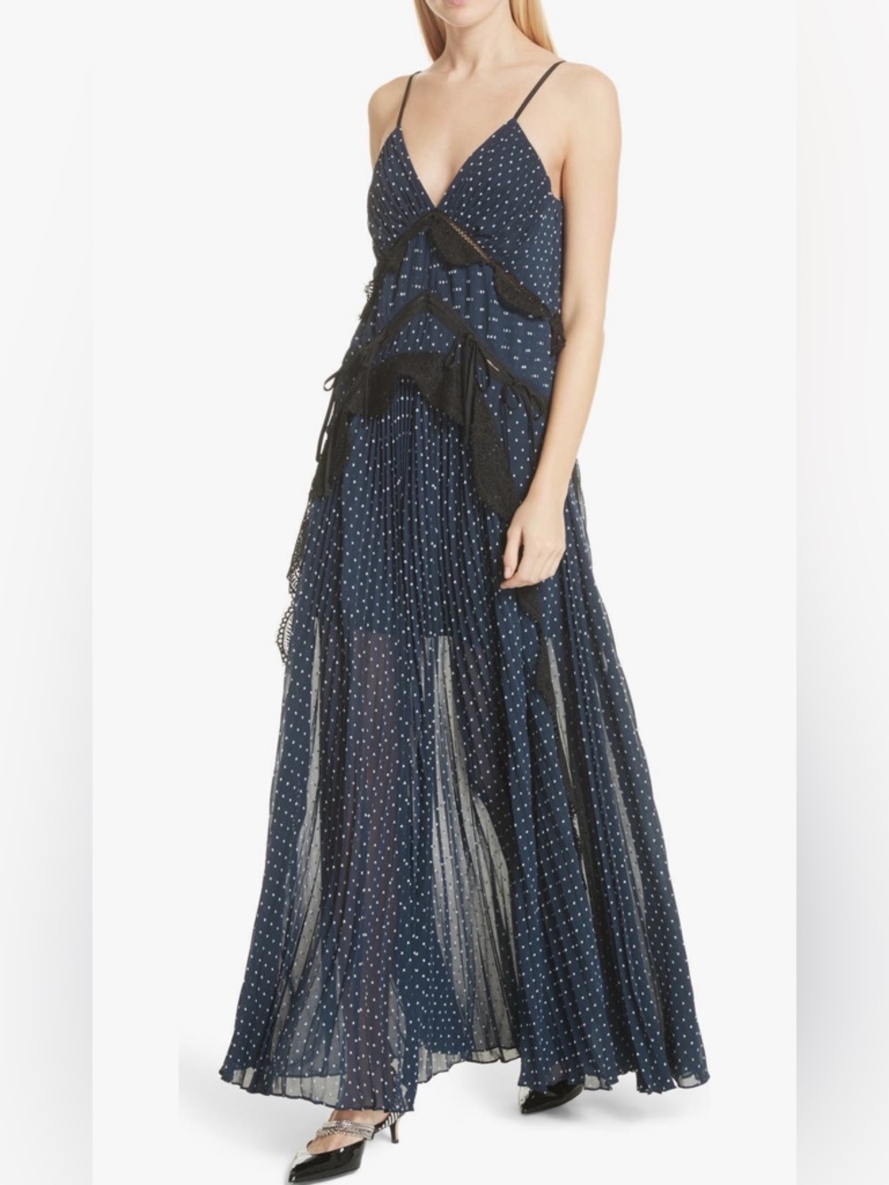 Self-Portrait Navy Polka Dot Fringe Maxi Dress, Size 8
